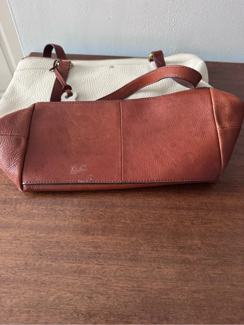 Fossil Two-Tone Cream and Brown Pebbled Leather Tote